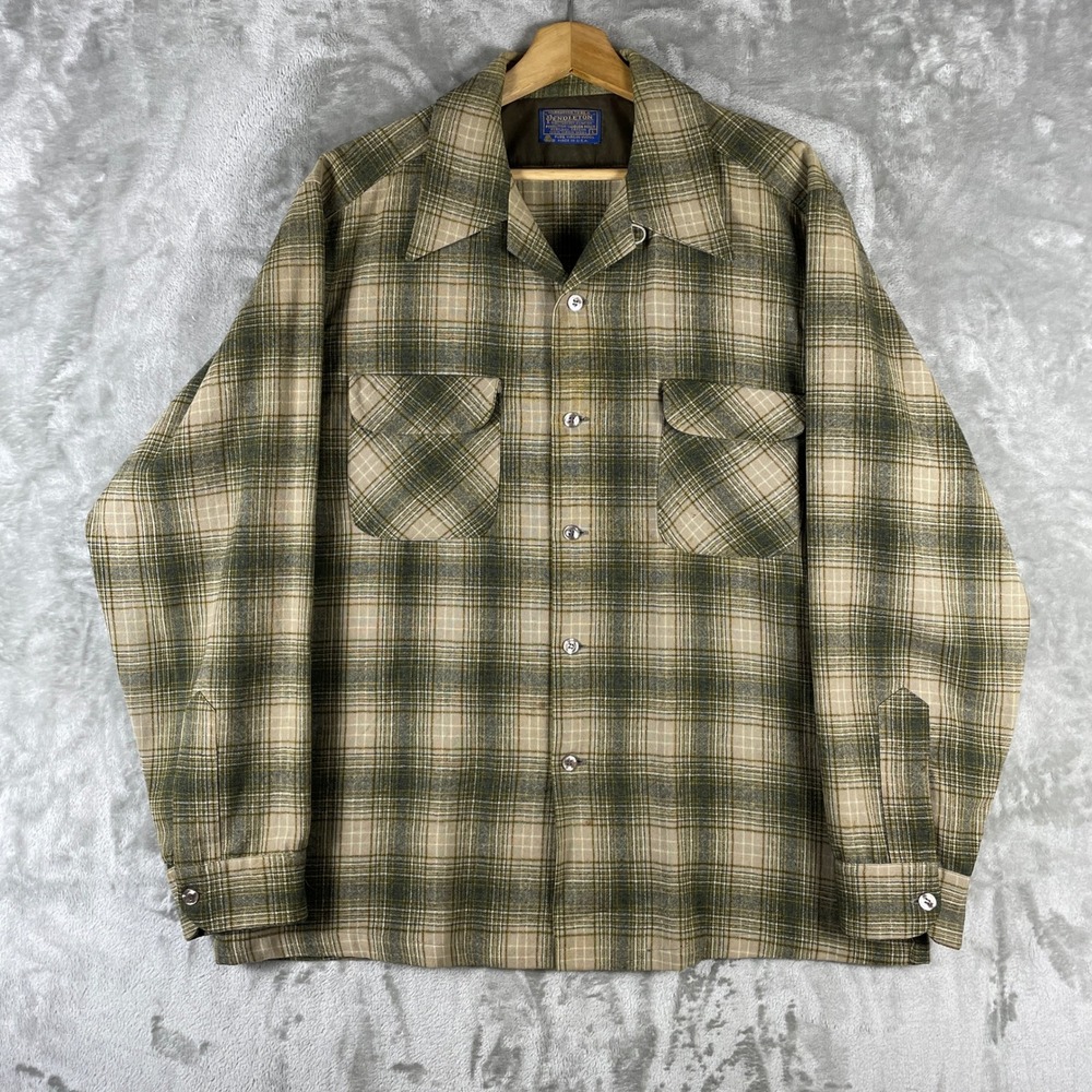 Vintage Pendleton Shadow Plaid Board Shirt Mens Large Loop Collar 60s 70s Wool